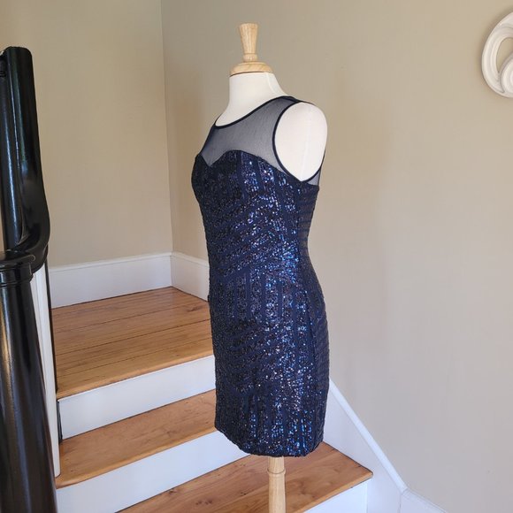 Deb Sequined and Sheer Party Cocktail Blue Mini Dress. Size L Youth - Picture 3 of 8